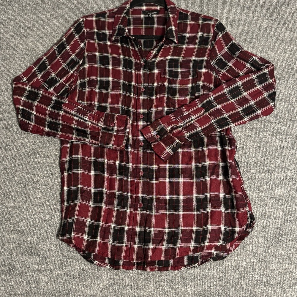 Lucky Brand Shirt Women M Burgundy Tartan Plaid Back Button Soft Grunge‎ Casual